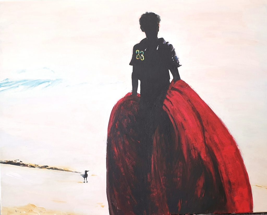 Fischer mit rotem Netz1, Sri Lanka, Acryl auf Leiwand, 80X100, 2021