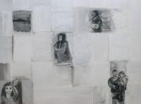 Im weißen Zelt, (Flüchtlinge kommen an) Acryl auf Leinwand, (100X140)