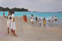 Kinder im Abendlicht am Meer, Acryl auf Leinwand, (80X120)